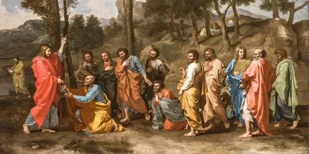 A group of men in robes stand and kneel, with one man gesturing towards another, in a landscape with trees and hills.