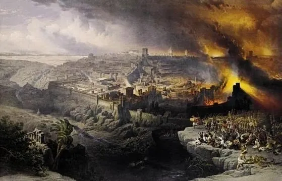 A dramatic painting depicts a city engulfed in flames, with dark smoke clouds rising. People and soldiers are gathered on a rocky hill in the foreground, observing the destruction below.
