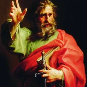 In "The Biographies of Jesus' Disciples: Who They Were, What They Believed, and What They Achieved," there is an image depicting a bearded man with long hair, dressed in green and red robes. He raises his right hand while holding a sword in his left hand.