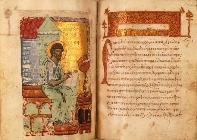 An illuminated manuscript with an image of a seated figure writing on the left page and Greek text adorned with decorative borders on the right page.
