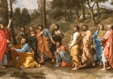 A group of men in robes stand and kneel, with one man gesturing towards another, in a landscape with trees and hills.