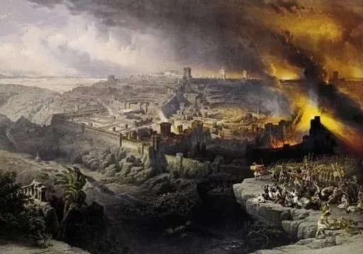 A dramatic painting depicts a city engulfed in flames, with dark smoke clouds rising. People and soldiers are gathered on a rocky hill in the foreground, observing the destruction below.